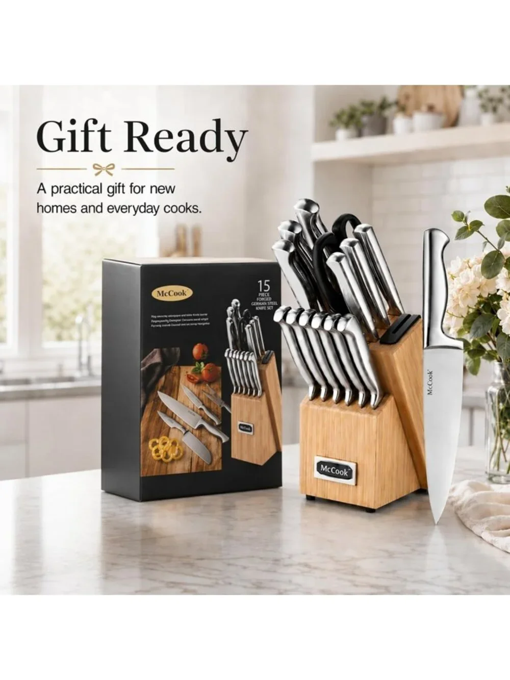 Premium Kitchen Knife Set with Block & Built-in Sharpener - Stainless Steel